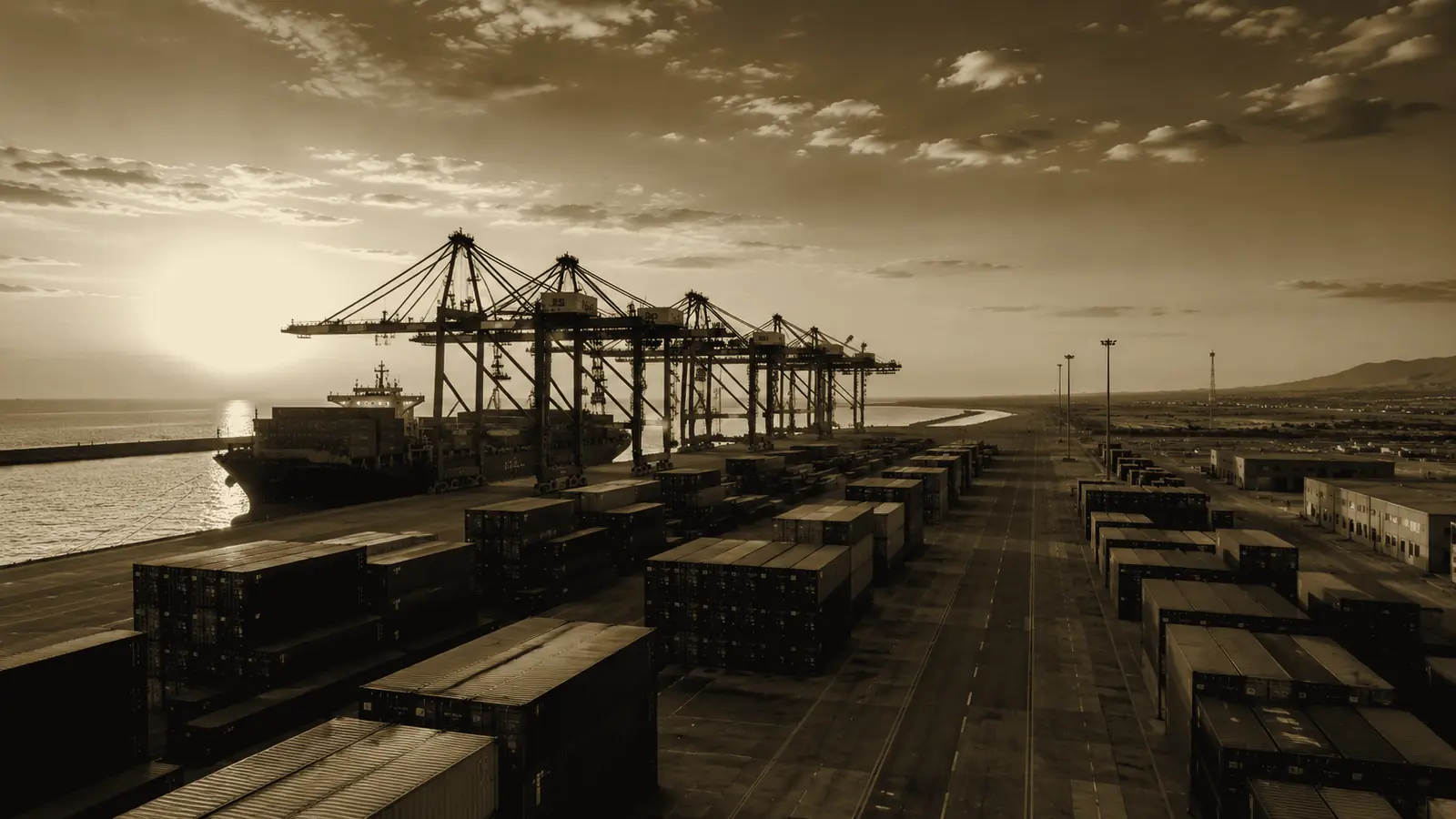 Container cranes at a seaport at dusk